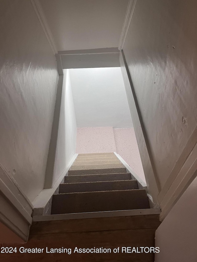 stairs featuring crown molding