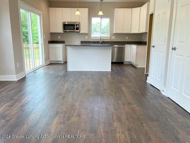 kitchen with a wealth of natural light, white cabinets, pendant lighting, and appliances with stainless steel finishes