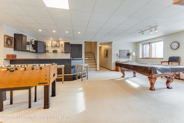 game room featuring light colored carpet and pool table