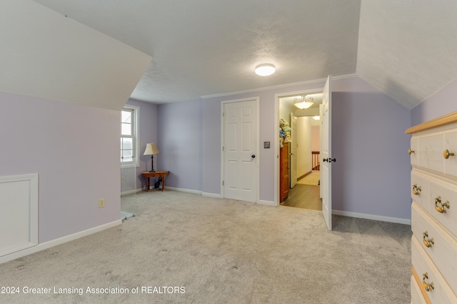 additional living space featuring a textured ceiling, light colored carpet, and vaulted ceiling