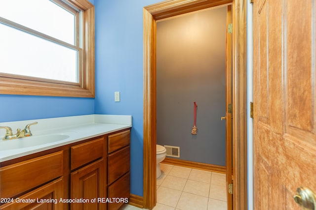 bathroom featuring tile patterned floors, vanity, and toilet