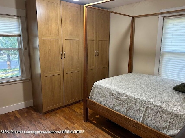 bedroom with a closet and dark wood-type flooring