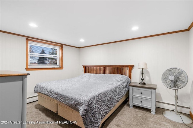 bedroom featuring crown molding, light carpet, and a baseboard heating unit