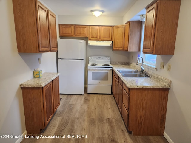 kitchen featuring white appliances, light hardwood / wood-style flooring, and sink