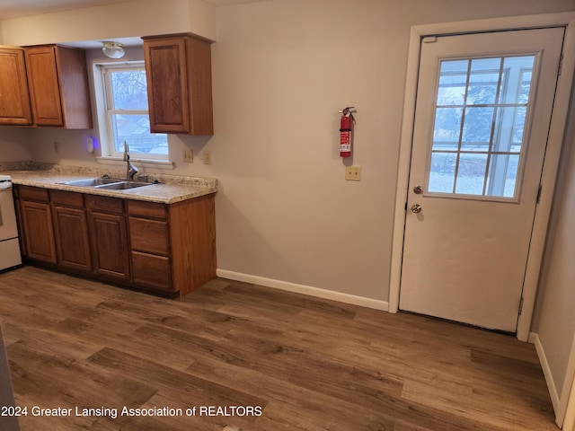 kitchen featuring dark hardwood / wood-style flooring, sink, and stove