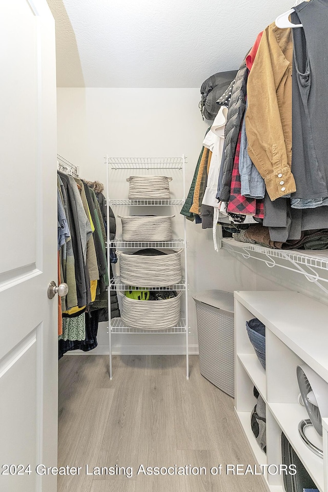 walk in closet with light hardwood / wood-style flooring