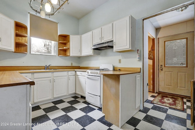 kitchen with white range oven, sink, white cabinets, and wood counters