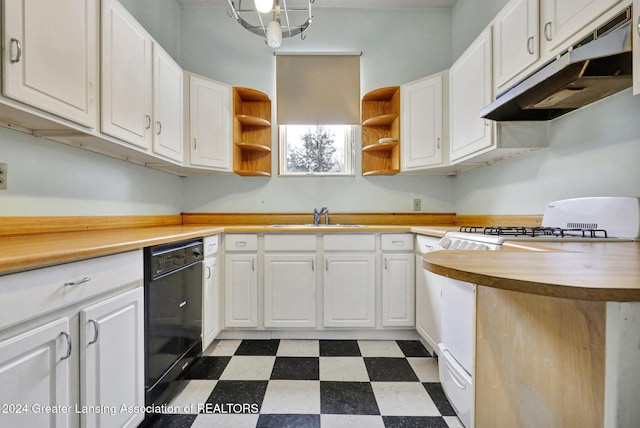 kitchen with dishwasher, white stove, an inviting chandelier, white cabinets, and sink