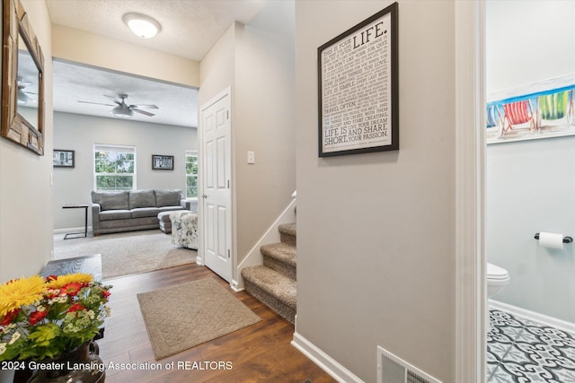 hallway featuring a textured ceiling and dark hardwood / wood-style floors