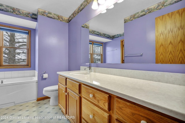 bathroom with vanity, a tub to relax in, and toilet