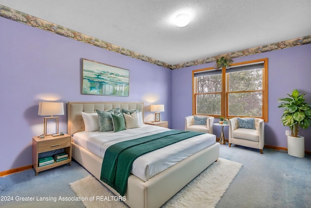 bedroom featuring carpet and a textured ceiling