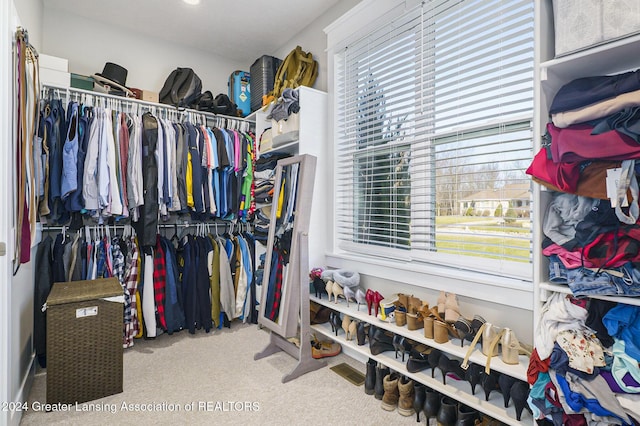 walk in closet with light colored carpet