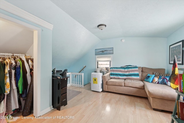 living room with light hardwood / wood-style floors and lofted ceiling