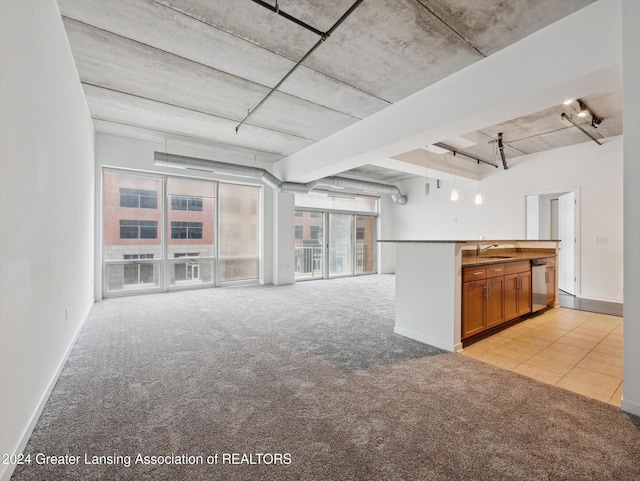 unfurnished living room with sink and light carpet