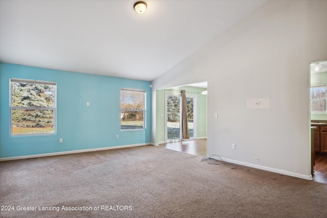 spare room featuring carpet floors, high vaulted ceiling, and a wealth of natural light