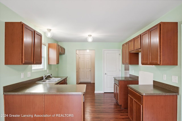 kitchen featuring kitchen peninsula, dark hardwood / wood-style flooring, and sink