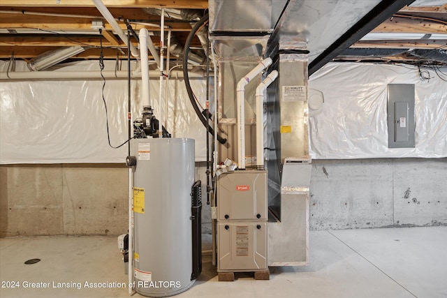 utility room featuring electric panel, gas water heater, and heating unit