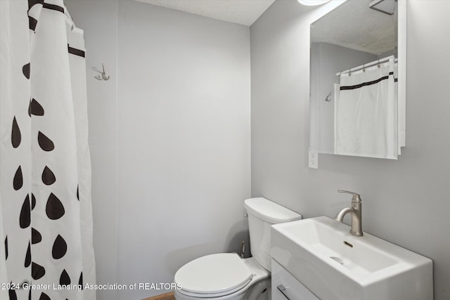 bathroom featuring vanity, curtained shower, toilet, and a textured ceiling