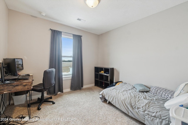 bedroom featuring light colored carpet