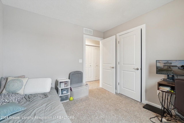 bedroom featuring carpet and a closet