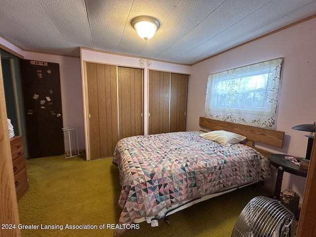 carpeted bedroom featuring two closets and ornamental molding