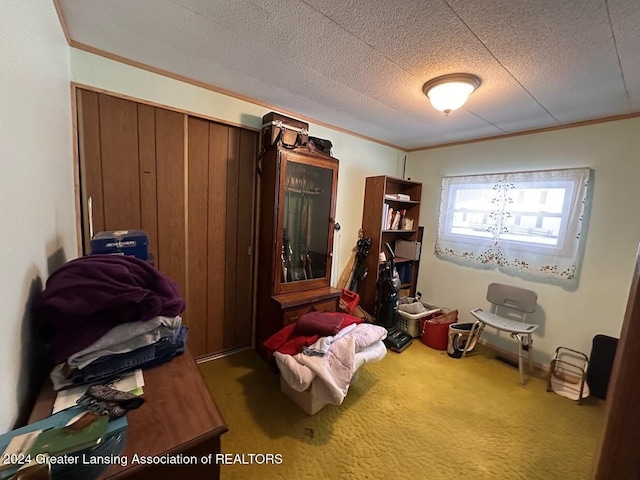 bedroom with carpet flooring and crown molding