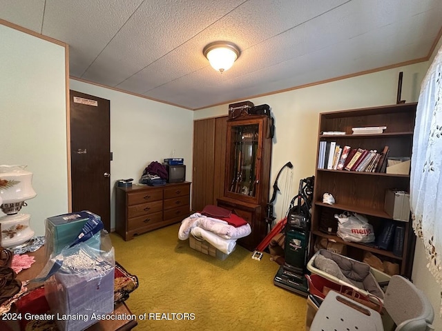 carpeted bedroom with ornamental molding