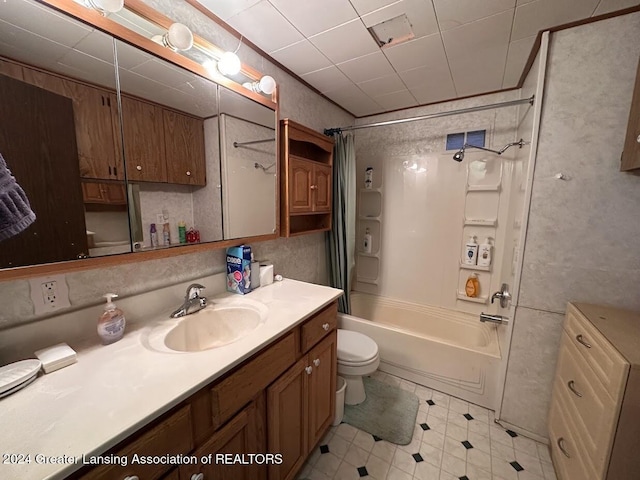 full bathroom with shower / bath combination with curtain, toilet, and vanity