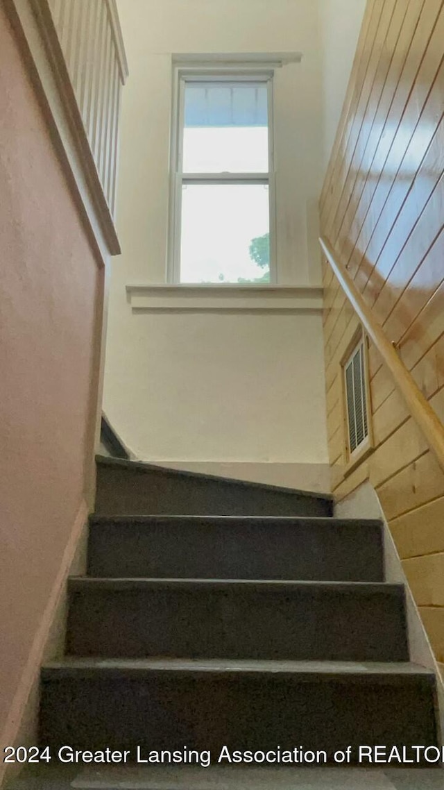 stairway with wooden walls