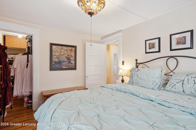 bedroom featuring hardwood / wood-style floors, a walk in closet, and a closet