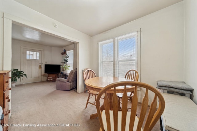 dining space featuring light carpet