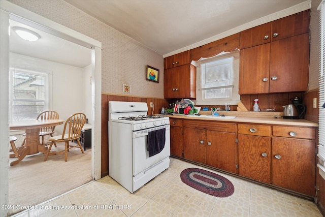 kitchen with sink, white range with gas cooktop, light carpet, and wooden walls