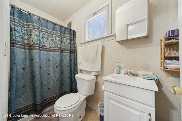 bathroom with toilet, ornamental molding, walk in shower, and vanity