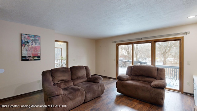 living room featuring a textured ceiling and dark hardwood / wood-style flooring