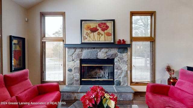 living room featuring lofted ceiling, a stone fireplace, and dark hardwood / wood-style flooring