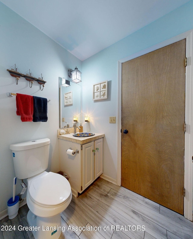 bathroom featuring wood-type flooring, toilet, and vanity