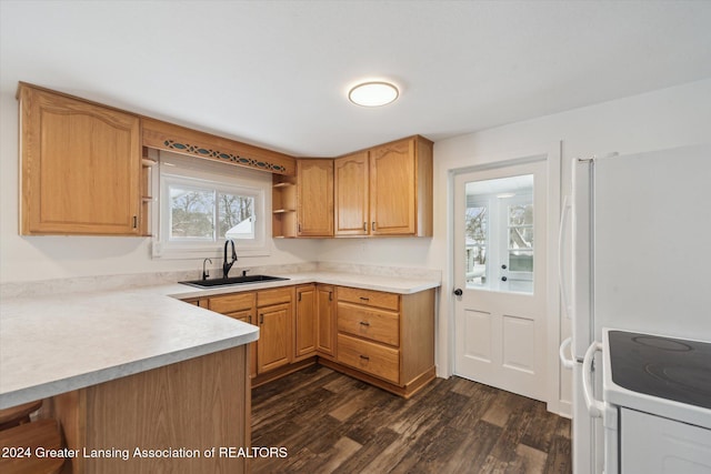 kitchen with sink, dark wood-type flooring, white range with electric cooktop, and kitchen peninsula