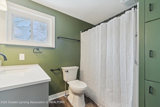 bathroom featuring toilet, wood-type flooring, and vanity