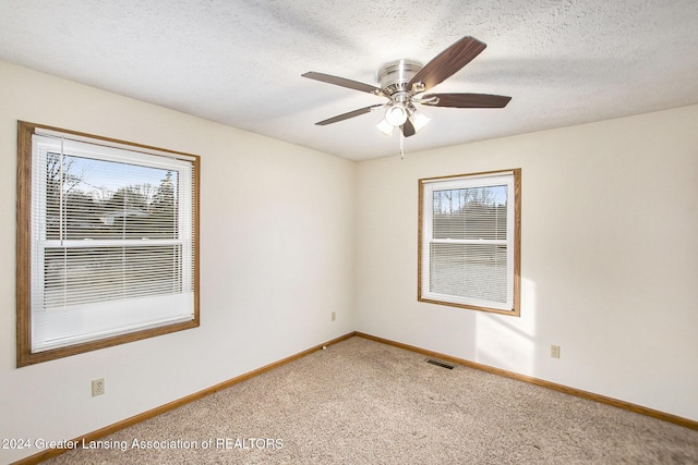 carpeted empty room with ceiling fan, plenty of natural light, and a textured ceiling