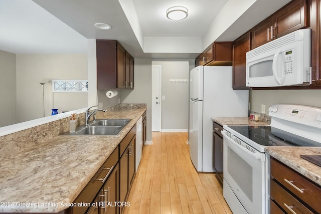 kitchen with sink, light hardwood / wood-style floors, and white appliances