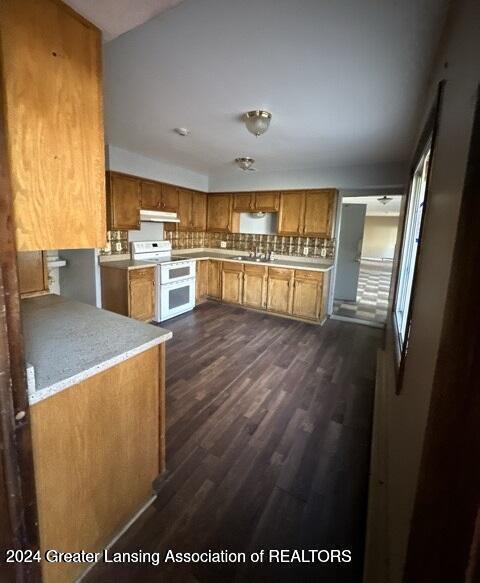 kitchen featuring sink, stove, dark wood-type flooring, and tasteful backsplash