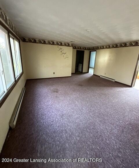 carpeted spare room featuring baseboard heating and a healthy amount of sunlight