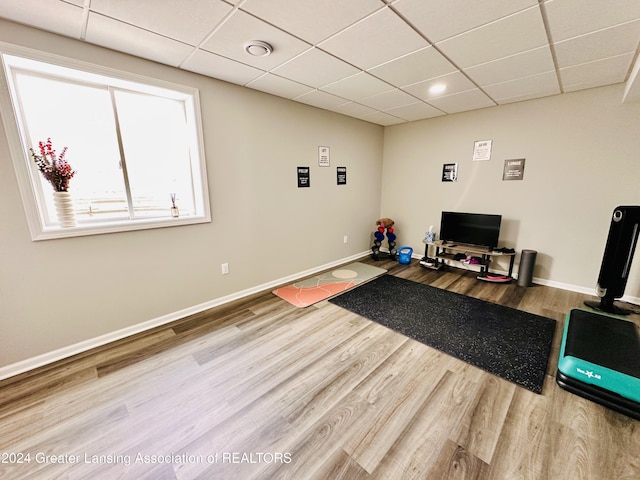 exercise room with a paneled ceiling and hardwood / wood-style flooring