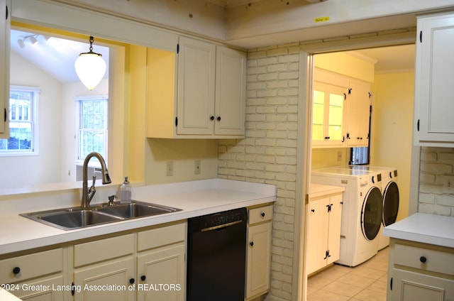 kitchen featuring separate washer and dryer, pendant lighting, white cabinets, dishwasher, and sink