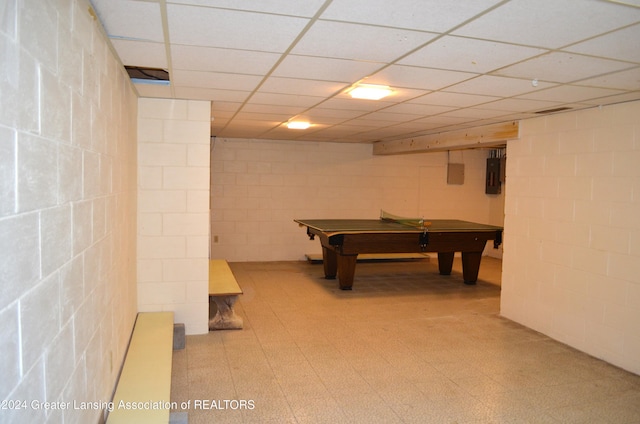 game room with a drop ceiling, electric panel, and billiards