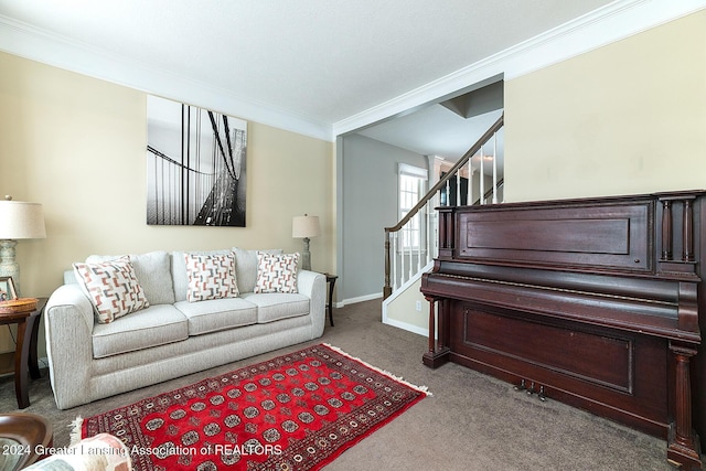 living room with carpet and ornamental molding