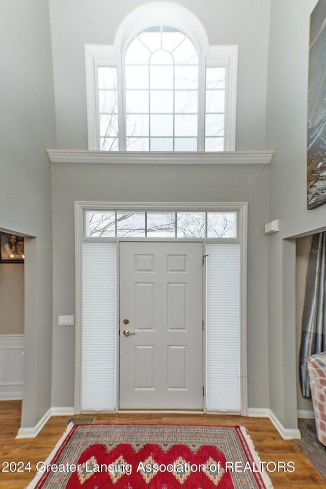 foyer featuring hardwood / wood-style floors and a high ceiling