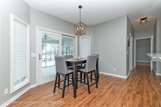 dining area with ceiling fan with notable chandelier and hardwood / wood-style flooring