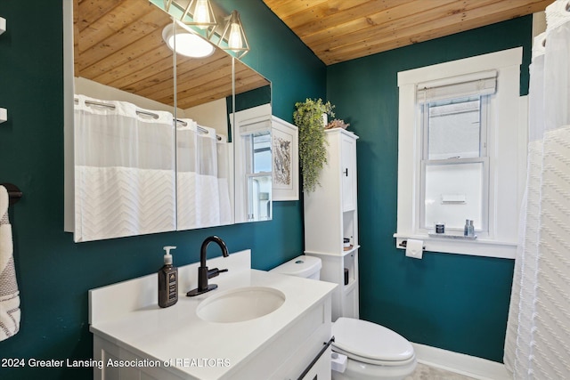 bathroom with plenty of natural light, wooden ceiling, and toilet