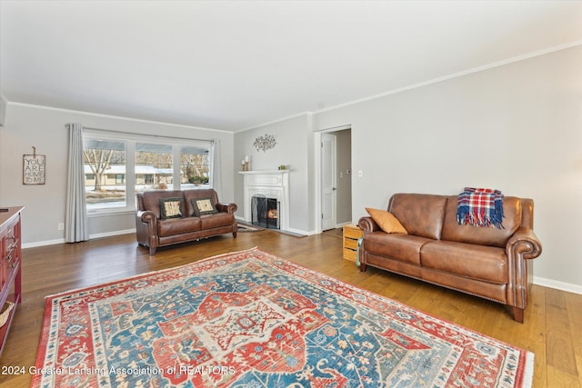 living room with hardwood / wood-style floors and ornamental molding